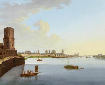 Sight from the southern riverside with the Bayenturm on the city and the harbour by 
																	Johann Baptist Bachta