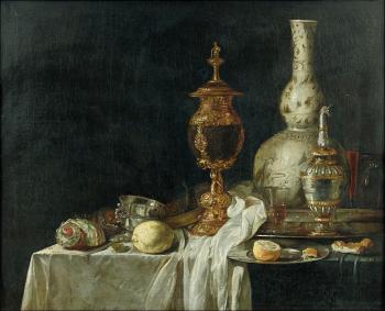 Vase d’orfèvrerie, vase en porcelaine de chine bleu et blanc, citrons et coquillages sur une table by 
																	Willem Kalf