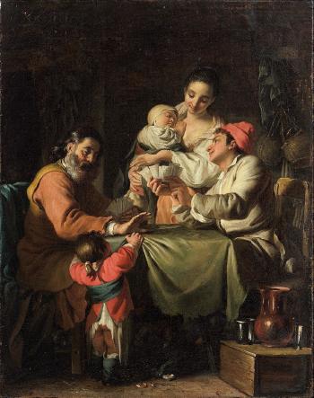Famille jouant aux cartes dans un intérieur rustique by 
																	Antoine de Favray