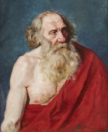 Sittande äldre man i röd drapering - akademistudie by 
																			Georg Nordensvan