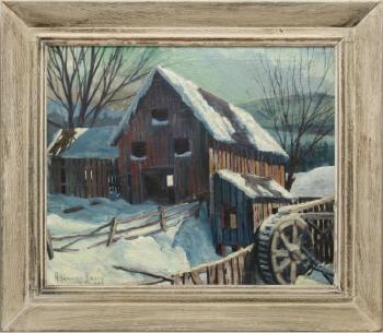 Red Barn on a Snowy Winter Night by 
																	H Haggard Dasey