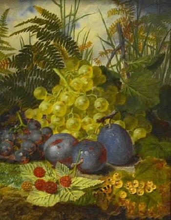 Still life of fruit on a mossy bank by 
																	Thomas Worsey