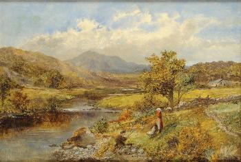 Mountainous landscape with children playing by a stream by 
																	James Callowhill