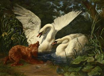 Two swans startled by a hound by 
																			F Sigmund Lachenwitz