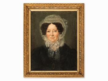 Lady’s portrait with lace bonnet by 
																			Georg Anton Gangyner