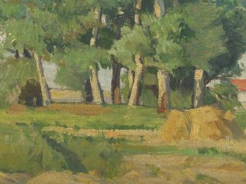 Late summer landscape with hay stacks by 
																			Erno Abonyi