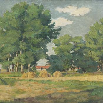 Late summer landscape with hay stacks by 
																			Erno Abonyi