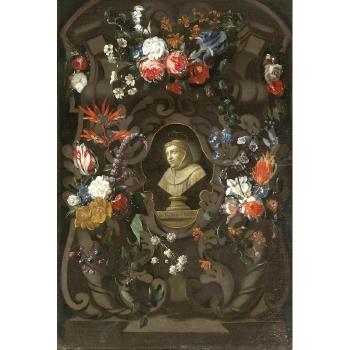 A garland of flowers surrounding the bust of Franciscus Rodius, Martyr of Gorkum by 
																	Gualterus Gysaerts