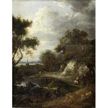 A rocky landscape with figures conversing near a waterfall by 
																	Lucas Achtschellinck
