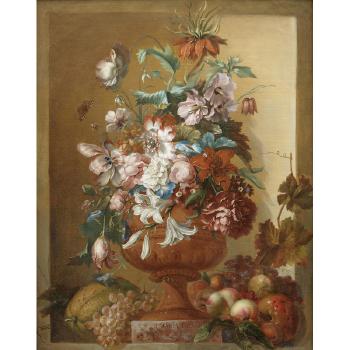 Lilies, morning glory, roses and other flowers in a terracotta urn with fruit by 
																	Jacoba Maria van Nickele