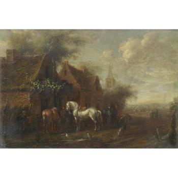 A stag hunt; and A village with horsemen before a blacksmith's by 
																			Cornelis van Essen
