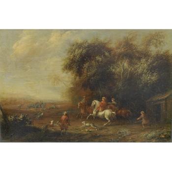 A stag hunt; and A village with horsemen before a blacksmith's by 
																			Cornelis van Essen