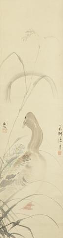 A moonlit scene of a solitary goose standing among wild chrysanthemums and reeds with its head turned behind by 
																			Haruki Nanmei