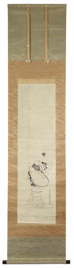Daikoku, one of the Seven Gods of Fortune, standing on two rice bales, looking up at a mouse balancing on his uchide-no-kozuchi (magic mallet of fortune) held in his right hand by 
																			Hanabusa Itcho
