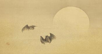 Three bats in flight before the full moon on a misty night by 
																			Mori Ippo
