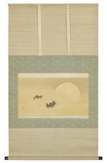 Three bats in flight before the full moon on a misty night by 
																			Mori Ippo