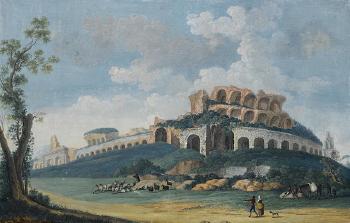 A coastal view of Salerno; The Ruined Amphitheater of Capua by 
																			Alessandro d'Anna