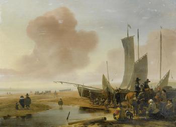 Horsemen on a Beach Buying Fish with Fishing Boats Beyond by 
																	Jacob Esselens