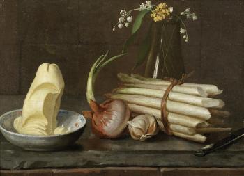 Asparagus, an onion, Garlic, Butter in a Bowl and Flowers in a Glass Vase, on a Marble Ledge by 
																	Nicolas Henry Jeaurat de Bertry