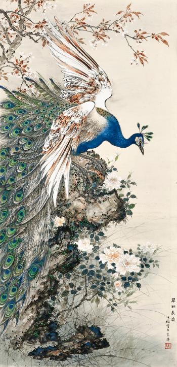 Peacock by spring blossoms by 
																	 Bao Shaoyou