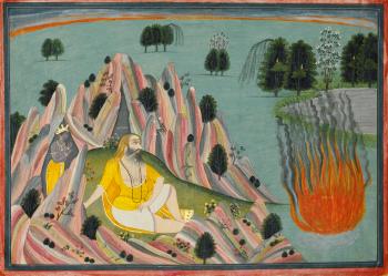 Krishna lures King Kalayavana to the cave of Muchukunda, illustration from a Bhagavata Purana series by 
																	Purkhu of Kangra