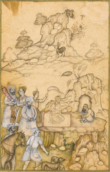 A prince visiting a dervish in the wilderness, identified as the King of Yemen visiting Shaykh Sanan by 
																	Bihzad Ibn Abd Al-Samad