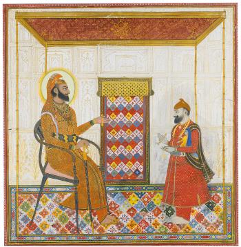 Maharaja Karam Singh of Patiala receiving his chief minister bearing a new-born son, Patiala by 
																	 Punjab School