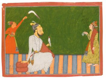 Raja Anand Dev of Bahu seated examining a hawk, with two attendants by 
																	 Jammu School