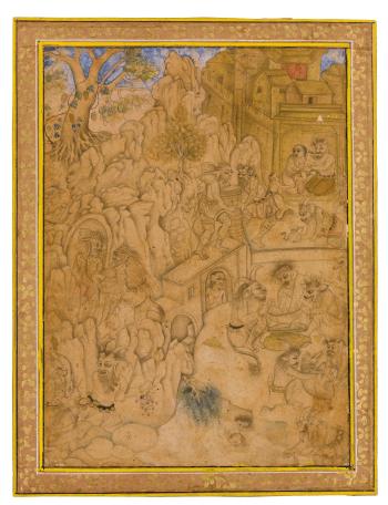 Demons prepare a potent brew in a rocky fortified landscape by 
																	Sultan Ali Mashhadi