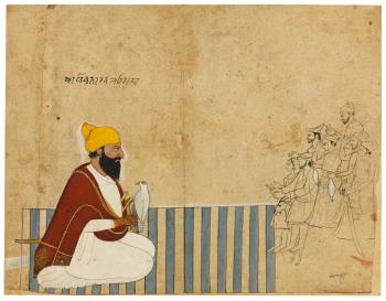 A raja on a dhurrie receiving company, a falcon on his wrist by 
																	 Nainsukh of Guler