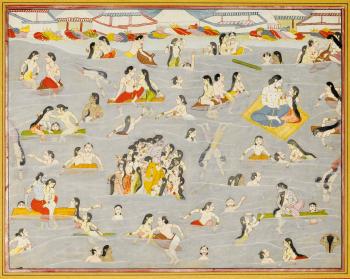 Krishna and the gopis bathing in the river Yamuna, illustration from a Harivamsa series by 
																	Purkhu of Kangra