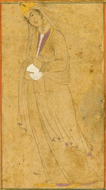 A lady holding a bottle by 
																	Riza-i Abbasi