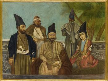 A Qajar nobleman, possibly Dust 'Ali Khan Mu'ayyir al-Mamalik, with his kinsmen by 
																	Mirza Baba