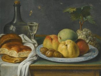 Still life of apples and walnuts on a porcelain plate, with grapes, bread, a bottle and glass on a table by 
																	Antoni Suweyns