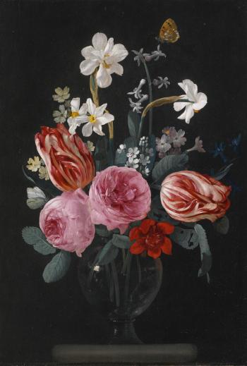 A still life of tulips, roses, daffodils and other flowers, with butterflies, in a glass vase on a stone ledge by 
																	Christiaan Luykx