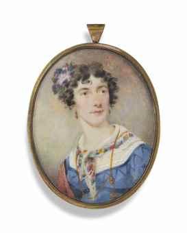 A lady, in lace-trimmed blue dress and floral scarf, wearing a gold chain by 
																	Kenneth MacLeay