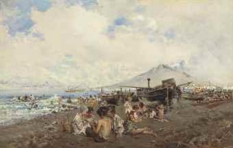 Children Playing Cards on a Beach, the Bay of Naples and Vesuvius beyond by 
																	Baldomero Galofre y Gimenez