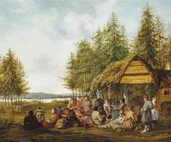A wooded river landscape with Russian peasants resting by 
																	Charles Eschard