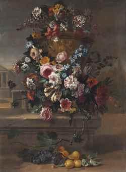 Roses, tulips, peonies, carnations, morning glory, thistle and other flowers with butterflies and a bumblebee by 
																	Egidius Nuemans