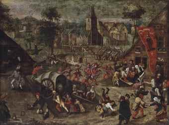 A village with figures celebrating the Kermesse of Saint George by 
																	Pieter Balten