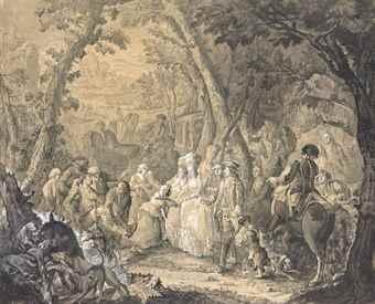 Acte de bienfaisance de la Reine devant un vigneron blessé et sa femme implorante by 
																	Jacques Fabien Gautier d'Agoty