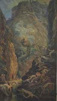 Saint Michel combattant le dragon dans un paysage rocheux by 
																	Adolphe la Lyre