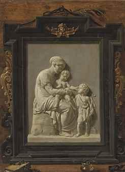 Trompe-l'œil avec un bas-relief sculpté: La Vierge à l'Enfant avec le petit saint Jean-Baptiste, d’après Bertel Thorvaldsen (1770-1844) by 
																	Prospero Mallerini