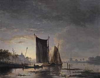 Boats on a moonlit river by 
																	Jacobus Theodorus Abels
