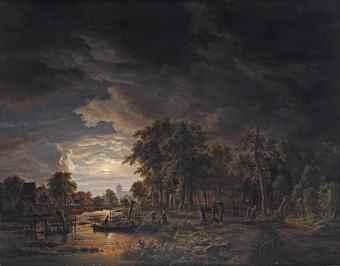 A moonlit village by a river by 
																	Jacobus Theodorus Abels