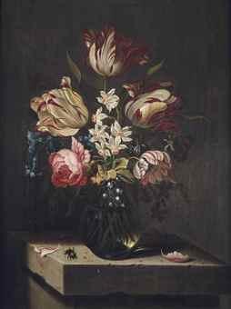Tulips, a rose, an anemone, hyacinths, narcissi, lily of the valley, morning glory and a violet in a glass vase on a stone pedestal by 
																	Jan Baptist van Fornenburgh