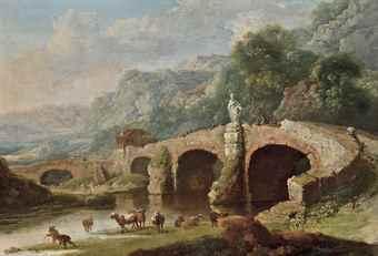 A wooded river landscape with fishermen and drovers with their cattle, a bridge and mountains beyond by 
																	Michael Wutky