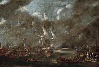 The Holy League's fleet lying off a harbour, thought to be Genoa, before the battle of Lepanto, with figures loading arms and armour onto a boat in the foreground with a dignitary looking on by 
																	Andries van Eertvelt
