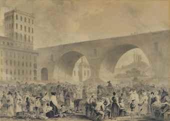 Market day, Edinburgh, under North Bridge with Calton Hill beyond by 
																	William Turner de Londe