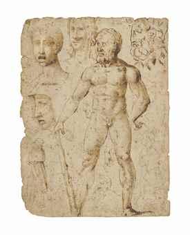 A sheet of studies; Hercules, a study of his head in profile, five other heads, two draped figures in profile, an arm and a hand by 
																	 Pseudo Pacchia